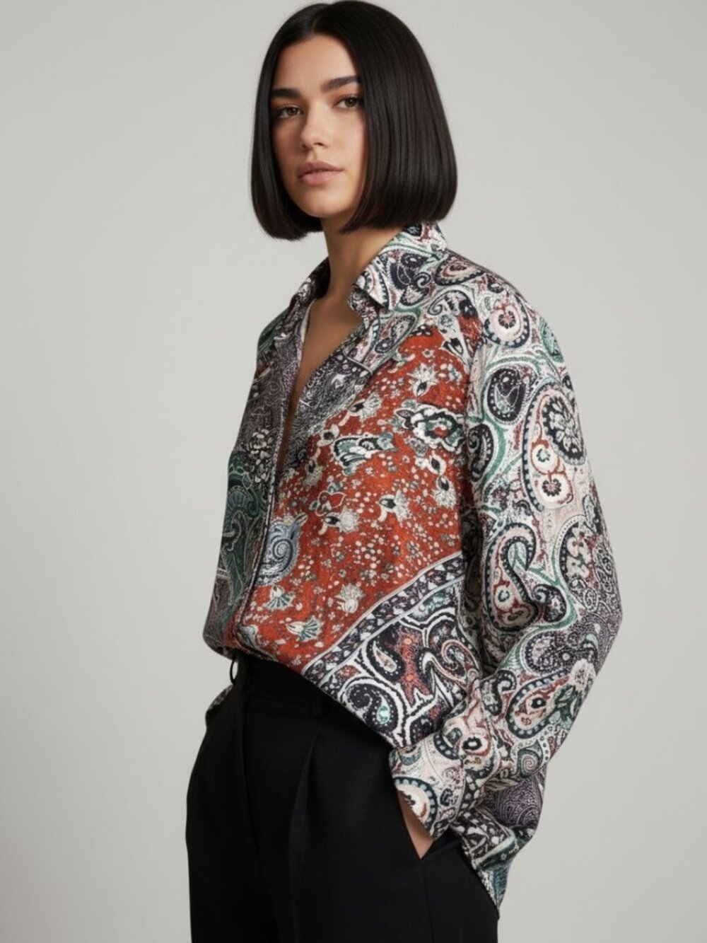 Cienna Silk Viscose Paisley Print Button Up Blouse Womens M Boho Wearable Art